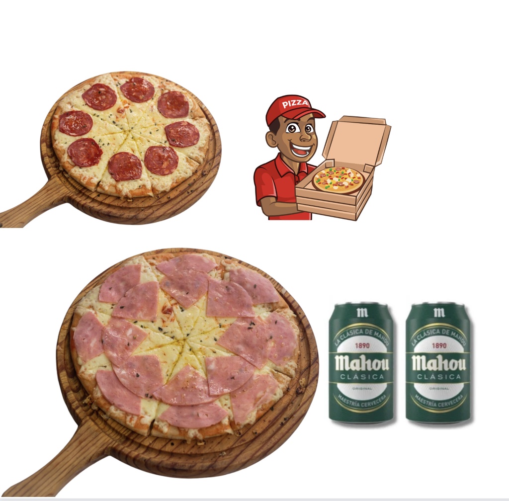 1 pizza jamón, 1 pizza chorizo + 2 cervezas