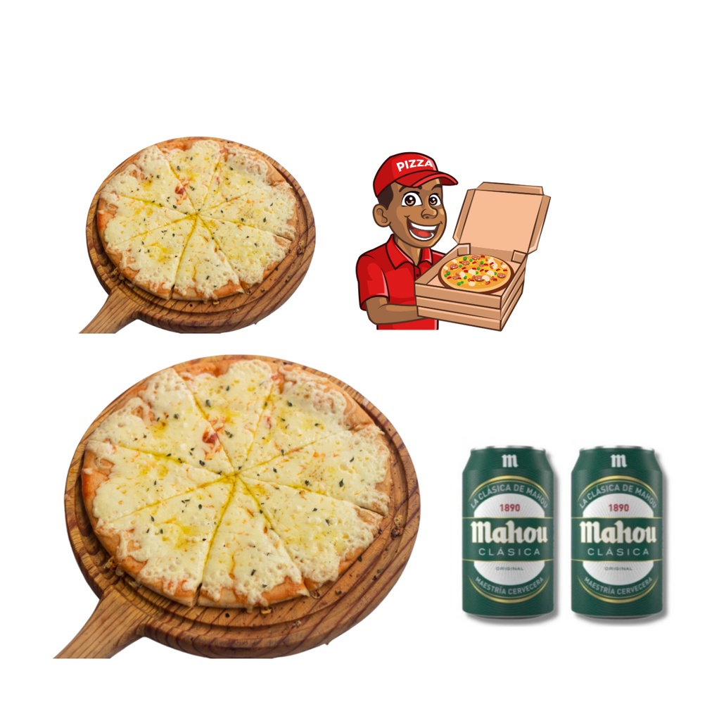 2 pizzas de queso + 2 cervezas