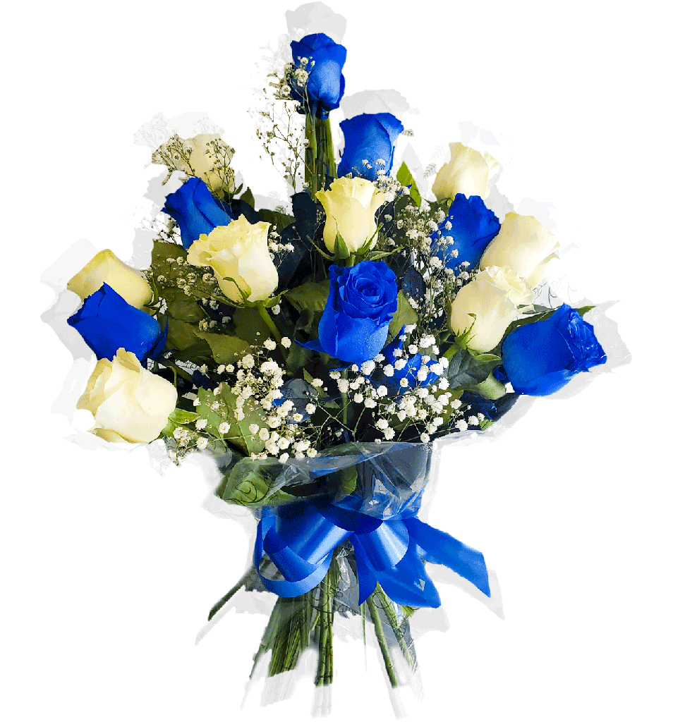 Ramo de 15 rosas blancas y azules