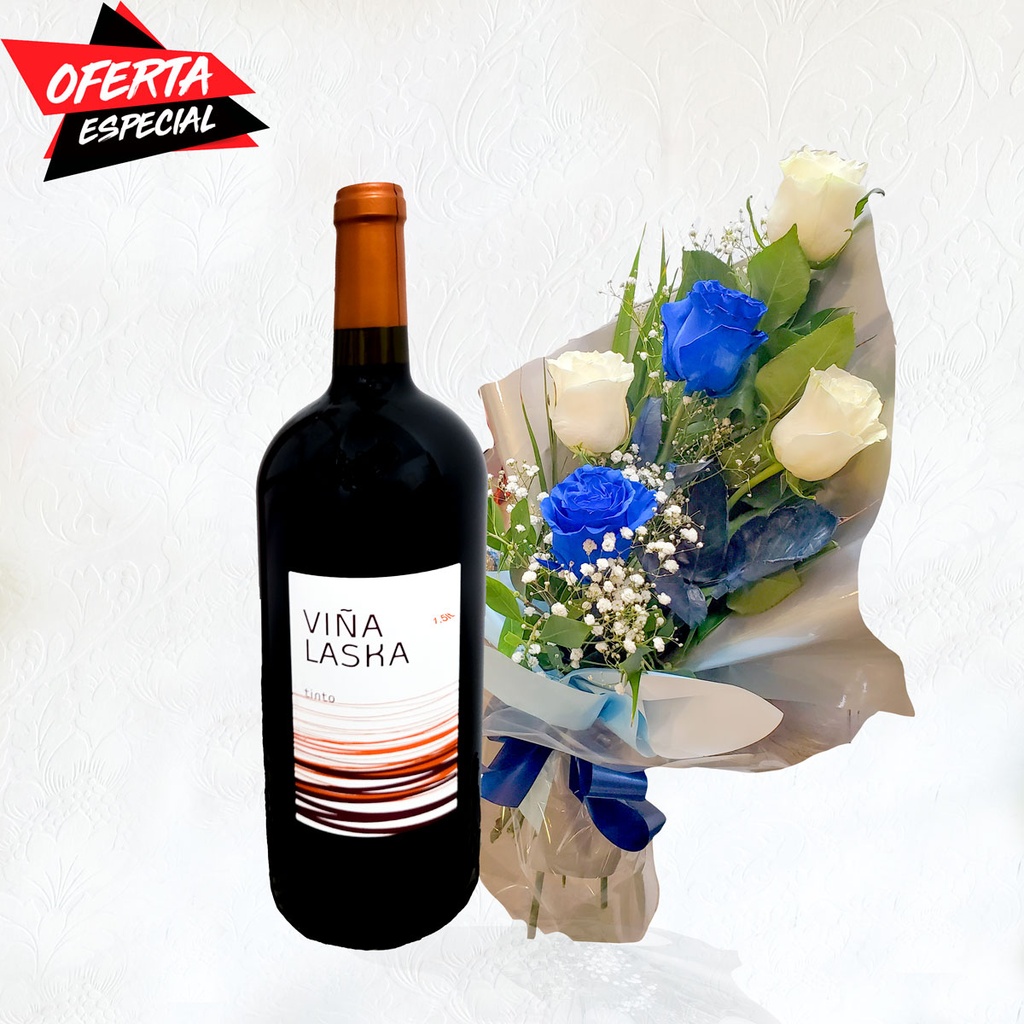 Ramo de 5 rosas con botella de vino tinto de 1.5lt